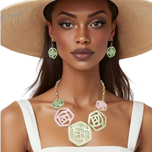 AKA Sorority Jewelry <b>Set</b> Pink & Green Rose Collar Necklace with Matching Earrings Jewelry Gift for Women - Product Image 1