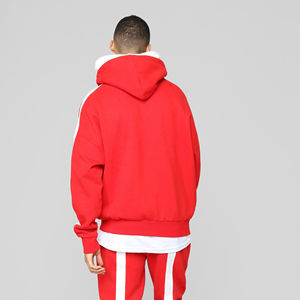 Custom Coral <b>Red</b> Contrast Panel Pullover Hoodie <b>Men</b> Oversized Heavyweight Cotton Fleece Hooded <b>Sweatshirt</b> OEM ODM Streetwear - Product Image 3
