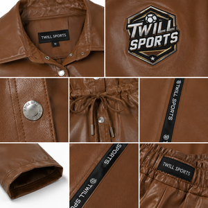 Twill Sports Women's Brown PU Leather Tracksuit Full Sleeve Button Up Collar Drawstring Waist Women's Leather Tracksuit Set - Product Image 5