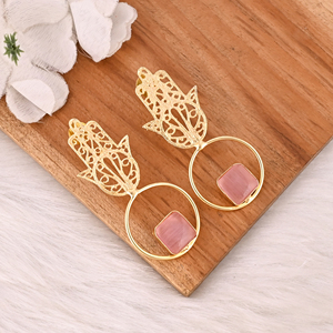 Elegant Pink <b>Cat's</b> Eye Gemstone <b>Earrings</b> Gold Plated Brass Fashion Jewelry for Women - Product Image 4