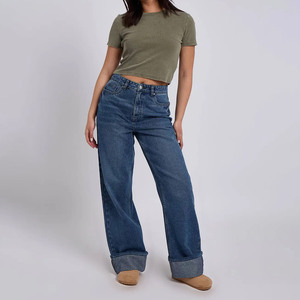 Jeans de mujer de talla grande de cintura alta y pierna ancha en azul oscuro, de algodón lavado a la piedra, casuales, de mezclilla de longitud completa con cierre de botones - Product Image 4