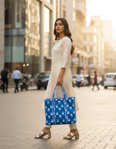 Bolsa de Mano de Algodón con Estampado Floral Azul Oscuro y Blanco para Mujer, Elegante, para Uso Diario, Compras, Viajes, Oficina, Bolsa de Hombro - Product Image 2