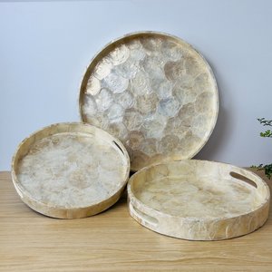 Plateau de service rond en osier naturel, durable, classique, pliable, fait main, décoratif, avec poignées, pour le salon - Product Image 1