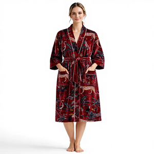 Bata Kimono de Terciopelo para Mujer, Tallas Grandes, Elegante, Suave, Lujosa, Estilo Vintage, Casual, con Estampado Animal, Manga Media, Largo hasta la Rodilla, con Cinturón - Product Image 1