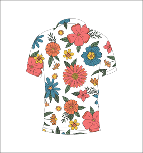 Polo Floral Denso Rojo y Azul con Patrón Multicolor Atrevido, Manga Corta, Verano, Casual, Vista Frontal y Trasera - Product Image 2
