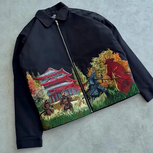 Blouson Bomber Homme Style Japonais Broderie Main Motif Samouraï Vêtement d'Automne Fermeture Éclair Col Rabattable Matière Polyester - Product Image 3