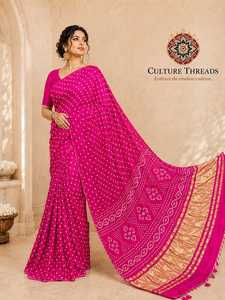 Sari de Seda Gajji Premium con Teñido Bandhani, Sari Bandhej con Pallu Rico, Sari Tradicional de Seda Rajasthani para Mujer - Product Image 1