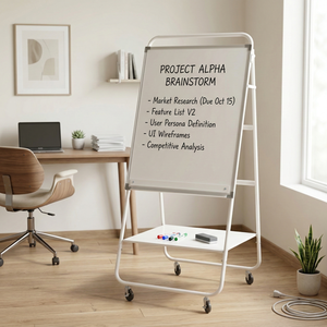 Chevalet de tableau blanc portable en métal avec roulettes et étagère de rangement, taille standard pour usage professionnel - Product Image 6