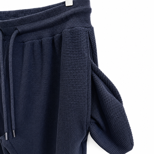 Men's Dark Blue Casual Waffle Jogger <b>Trousers</b> <b>Elastic</b> <b>Waist</b> Drawstring 100% Cotton Cuffs Ribbed Texture Plain Dyed OEM Service - Product Image 4