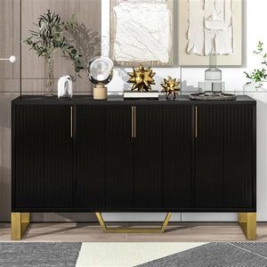 Modern Black <b>Kitchen</b> Cabinet <b>Sideboard</b> with Four Doors Metal Handles and Legs Adjustable Shelves - Product Image 2