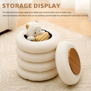 Sgabello Moderno Rotondo in Sherpa con Vassoio Ribaltabile, Sedia Imbottita per Trucco, Pouf Contenitore per Arredamento Casa - Product Image 6