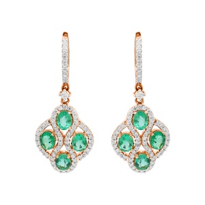 Pendientes Colgantes de Oro Amarillo Sólido de 18K con Esmeralda Natural y Diamantes en Halo, Joyas Memoria, Venta al por Mayor - Product Image 2