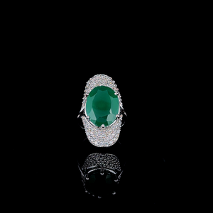 High Quality <b>Emerald</b> Oval <b>Silver</b> <b>Ring</b> with Polished <b>Silver</b> Plating and Brilliant CZ Halo for Professional Jewelry Buyers - Product Image 4