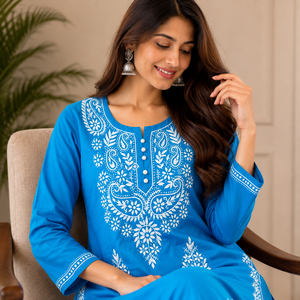 Kurti Recto Azul Turquesa con Bordado a Mano Lucknowi Chikankari, Túnica Étnica Elegante de Algodón para Mujer - Product Image 2