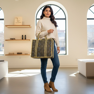 Bolso Tote Grande de Algodón Acolchado para Mujer, Estampado a Mano, Azul Marino y Blanco con Rayas Verticales, Cierre Abierto, Bordado, Esencial para la Playa - Product Image 1
