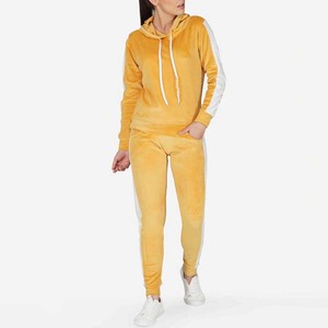 Women Yellow <b>Velour</b> <b>Tracksuit</b> Hooded Full Sleeve Solid Color Casual Pants Set With Side Pockets Autumn Wear - Product Image 4
