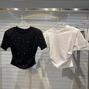 <b>Rhinestone</b> Dot Pattern Woven Denim Regular Fit Casual O-Neck Summer T-Shirts Women's Black Short Sleeve <b>Crop</b> <b>Top</b> T Shirts - Product Image 5