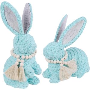 Set di 2 Decorazioni Pasquali Blu con Coniglietto, Centrotavola Rustico per Casa, Decorazioni Primaverili, Statuette di Coniglio Intrecciate - Product Image 1