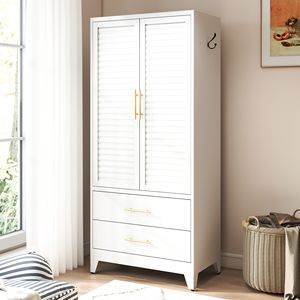Armadio in Metallo Bianco con 2 Ante e Cassetti, Armadio Alto 180 cm per Camera da Letto, Guardaroba Leggero e Portatile - Product Image 1