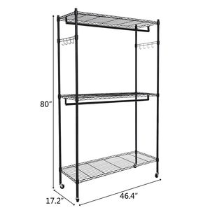 Appendiabiti a 3 ripiani in filo metallico resistente con ruote, ganci laterali e doppia asta, mobiletto portabiti su ruote per vestiti e indumenti - Product Image 6