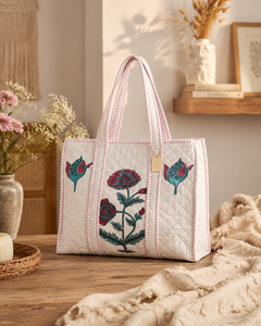 Premium Large Hand Block Printed Quilted Cotton Tote Bag Floral Jaipur <b>Shopper</b> Bag For Women Export Quality - Product Image 5