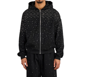 DISCOVER-IMPEX Sweat à capuche tricoté unisexe noir 100% coton, coupe régulière, doublé, écologique, avec strass et finition spray wash, collection hiver - Product Image 1