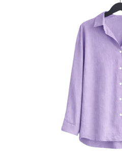 Conjunto de dos piezas de lino color lavanda para mujer, camisa de manga larga con botones y pantalones anchos de cintura elástica, atuendo informal. - Product Image 3