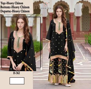 Ensemble élégant lourd Chinon Gharara Salwar Kameez avec bas entièrement cousu avec Santoon intérieur Dupatta pour toutes les occasions - Product Image 5