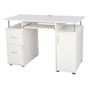 Modern White One-Door Two-<b>Drawer</b> Computer <b>Desk</b> with Bookshelf MDF Wood Office <b>Desk</b> with Storage Features - Product Image 1