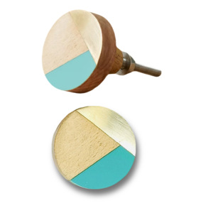 Modern Round Wood Cabinet <b>Knob</b> with Brass and Teal Accents Scandinavian Style for Kitchen and Home Office Drawer <b>Door</b> Handle - Product Image 1