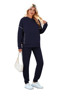 <b>Women's</b> <b>Navy</b> Blue Hooded Tracksuit Solid Color Casual Loose Fit Full Sleeve With Side Pockets Elastic Waist Autumn Wear - Product Image 3