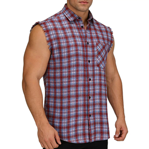 Mens Sleeveless Plaid Flannel Shirt Frayed Armhole Casual Button <b>Down</b> Muscle Fit Cotton Check 300g - Product Image 1