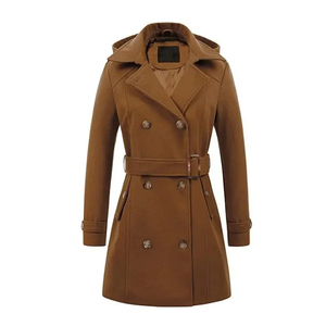 Manteau d'hiver en laine noir long doublé de cachemire de haute qualité pour femme avec logo frontal – Vente en gros - Product Image 1