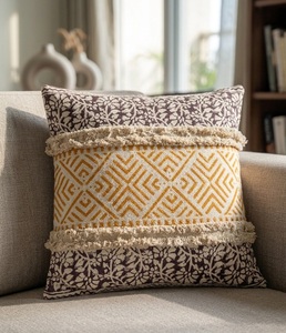 Funda de Cojín con Estampado Geométrico a Mano, 16x16 Pulgadas, Funda de Almohada Decorativa de Algodón para Sofá, Cama, Decoración del Hogar - Product Image 1