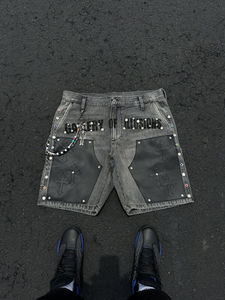 Shorts en jean baggy pour homme, style streetwear, avec logo personnalisé imprimé, patch en cuir, broderie, délavage vintage, strass James - Product Image 5