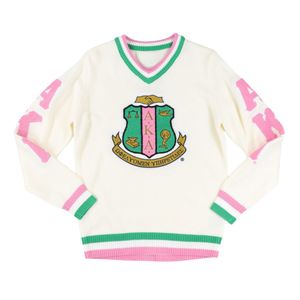 เสื้อสเวตเตอร์คอวีสีขาวดำสำหรับผู้หญิง ปักลายตราสัญลักษณ์ แขนยาว สวมใส่สบาย แฟชั่นทันสมัย เหมาะสำหรับใส่ในชีวิตประจำวัน - Product Image 1