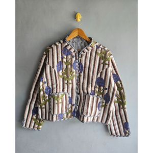 Veste de nuit matelassée pour femme, pyjama rayé floral, vêtement de nuit réversible en coton pour l'automne et l'hiver, cadeau pour elle - Product Image 1