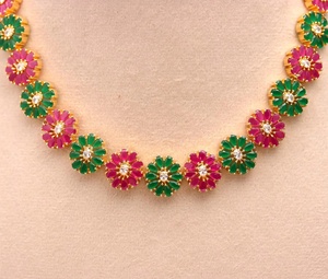 Premium Pear Shape Emerald Ruby Necklace Set CZ Brass Gold Plated Bridal Jewelry Wholesale Factory - Product Image 3