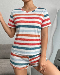 Women 2 Piece Striped Shorts Set Short Sleeve Crew Neck Loose Fit Casual Spring Summer Wear 100% Cotton Knitted Breathable - Product Image 3