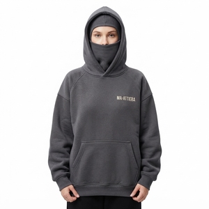 Women's Charcoal Balaclava Hoodie Fleece Pullover Sweatshirt <b>Face</b> Cover Hooded Top Custom Logo - Product Image 1