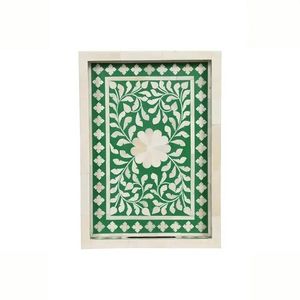 Plateau de service rectangulaire en bois poli de luxe, fait main, avec incrustation de os vert, poignées à motifs graphiques, pour la décoration intérieure - Product Image 6