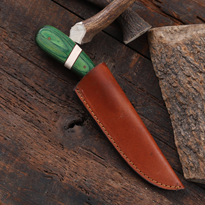 Cuchillo de caza y desollado de hoja fija de acero 1095 con mango de madera Pakka, espiga completa, personalizado OEM/ODM, con funda de cuero - Product Image 6