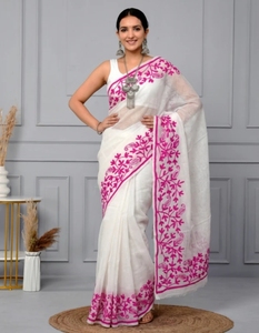 Sari Reversible de Algodón Kota Doria con Estampado Floral Bordado para Mujer, Sin Arrugas, con Blusa Sin Coser (Blanco) - Product Image 1