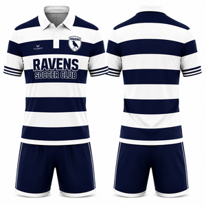 Uniforme de Fútbol Personalizado al por Mayor, Camiseta de Fútbol Sublimada con Cuello Redondo y Franjas, Parte Delantera Corta y Transpirable, Uniforme Deportivo para Adultos - Product Image 2