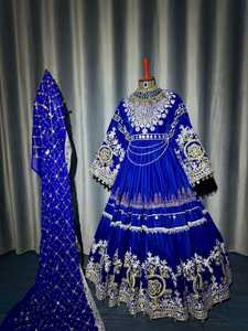 Robe de bal en velours bleu roi, col bijou, manches longues, brodée, longueur ras du sol, tenue de soirée de luxe, ensemble de vêtements de mariée - Product Image 6
