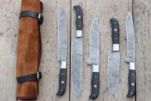 Ensemble de couteaux de cuisine en acier Damas, 5 pièces, manche noir, couteaux artisanaux à pointe tombante - Product Image 5