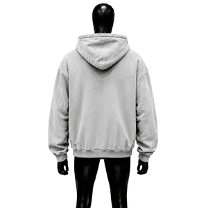 Sweat à capuche zippé gris clair oversize avec motif croisé abstrait en molleton délavé, style streetwear décontracté unisexe, en coton, en promotion - Product Image 2
