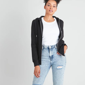 Sweat-shirt à capuche zippé intégral en molleton 100 % coton imprimé noir pour femme, coupe classique, avec poches, décontracté, veste d'hiver - Product Image 2