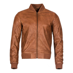<b>Men's</b> Brown Genuine <b>Leather</b> Stand Collar Zipper Closure Casual Wear Bomber <b>Jacket</b> Available For Sale Now In Reasonable Price - Product Image 1