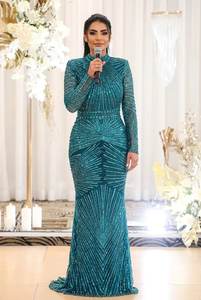 Vestido de Noche de Lujo Color Verde Azulado con Lentejuelas, Estilo Sirena, Cuello Alto, Manga Larga, Adornado con Cuentas Geométricas, para Invitadas de Bodas y Fiestas - Product Image 3